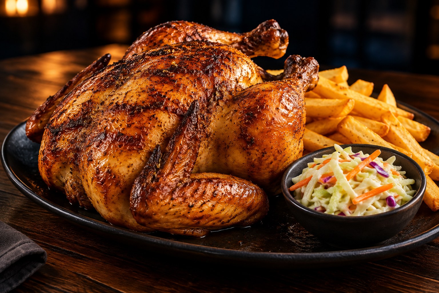 Pollo a la brasa con papas y ensalada